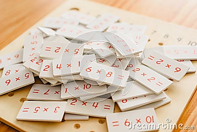 Montessori classroom material for learning children in the area of â€‹â€‹mathematics, addition, subtraction and counting up to Stock Photo